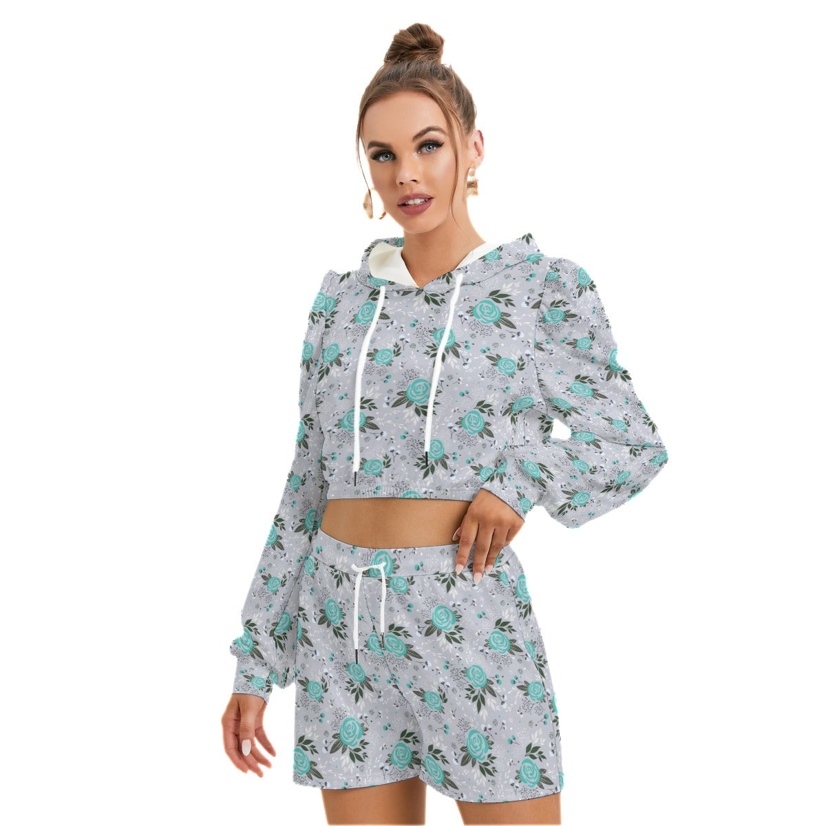 Cute Teal Flowers Women's Mirco Fleece Hoodie And Shorts Set