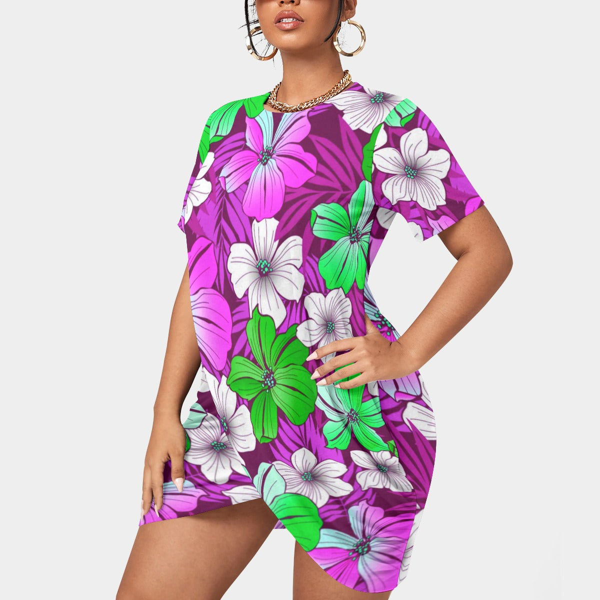 Women’s Tropical Summer Stacked Hem Dress With Short Sleeve（Plus Size)