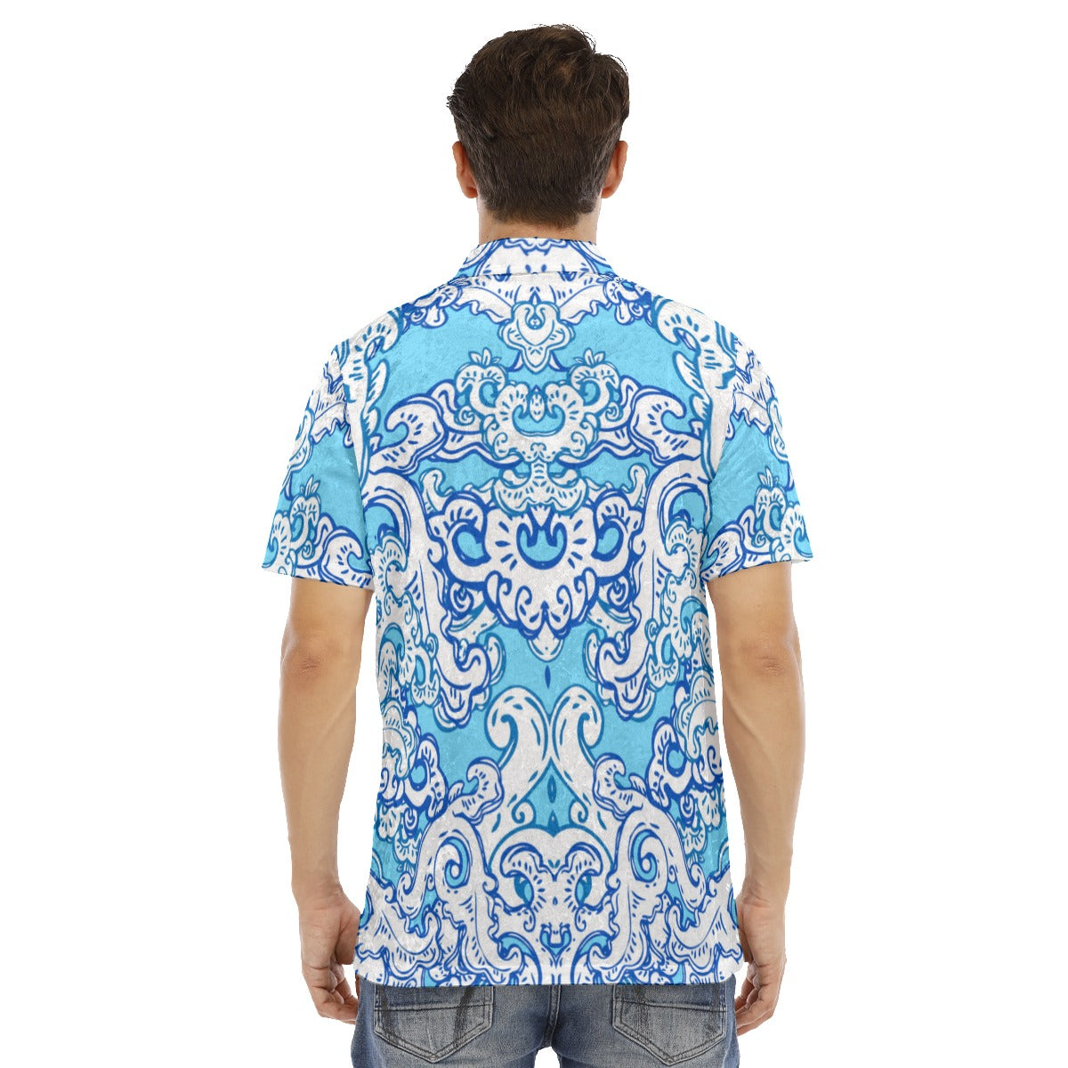 Blue & White Baroque Pattern Men's Polo Shirt | Velvet