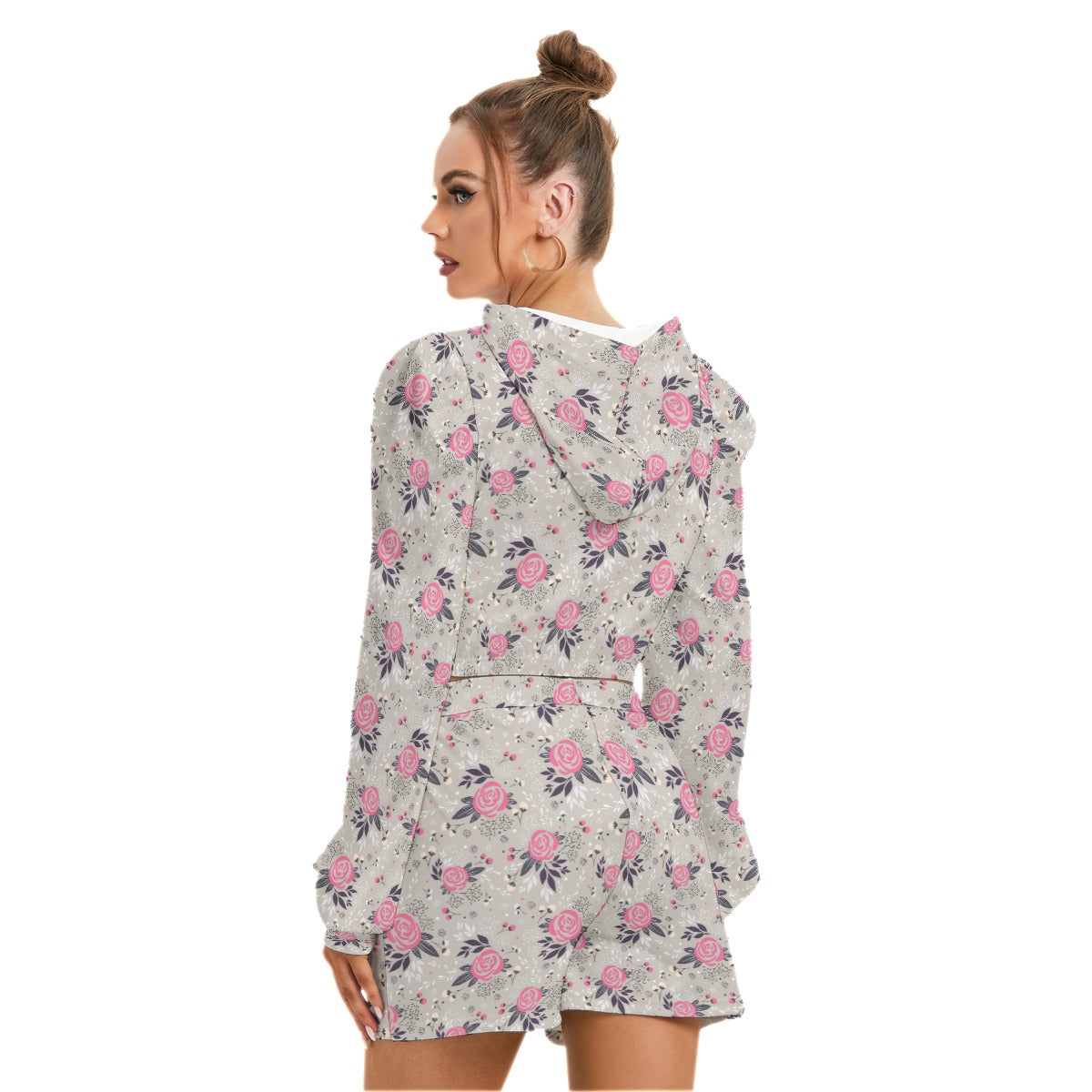 Cute Pink Flowers Women's Mirco Fleece Hoodie And Shorts Set