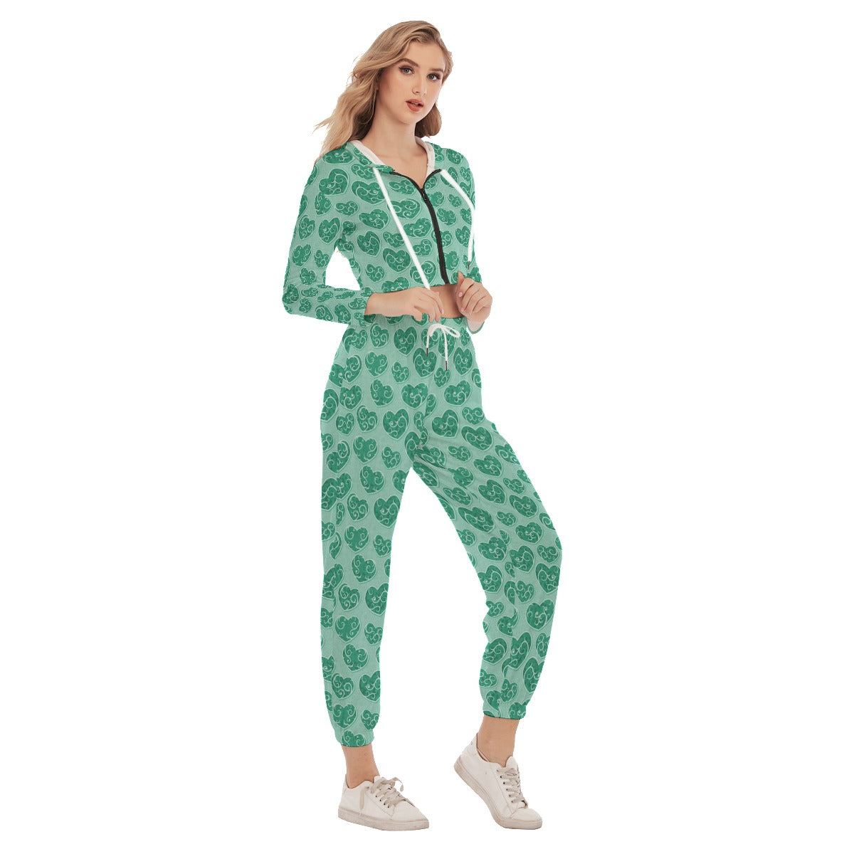 Cute Green Hearts Women's Crop Hoodie Sports Sets