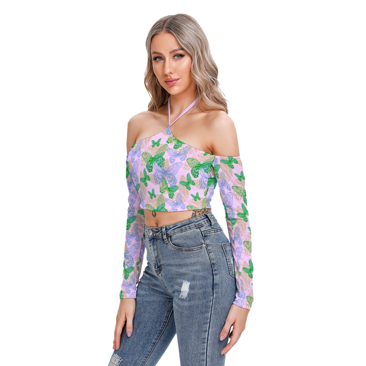 Colorful Butterflies Women's Halter Lace-up Top