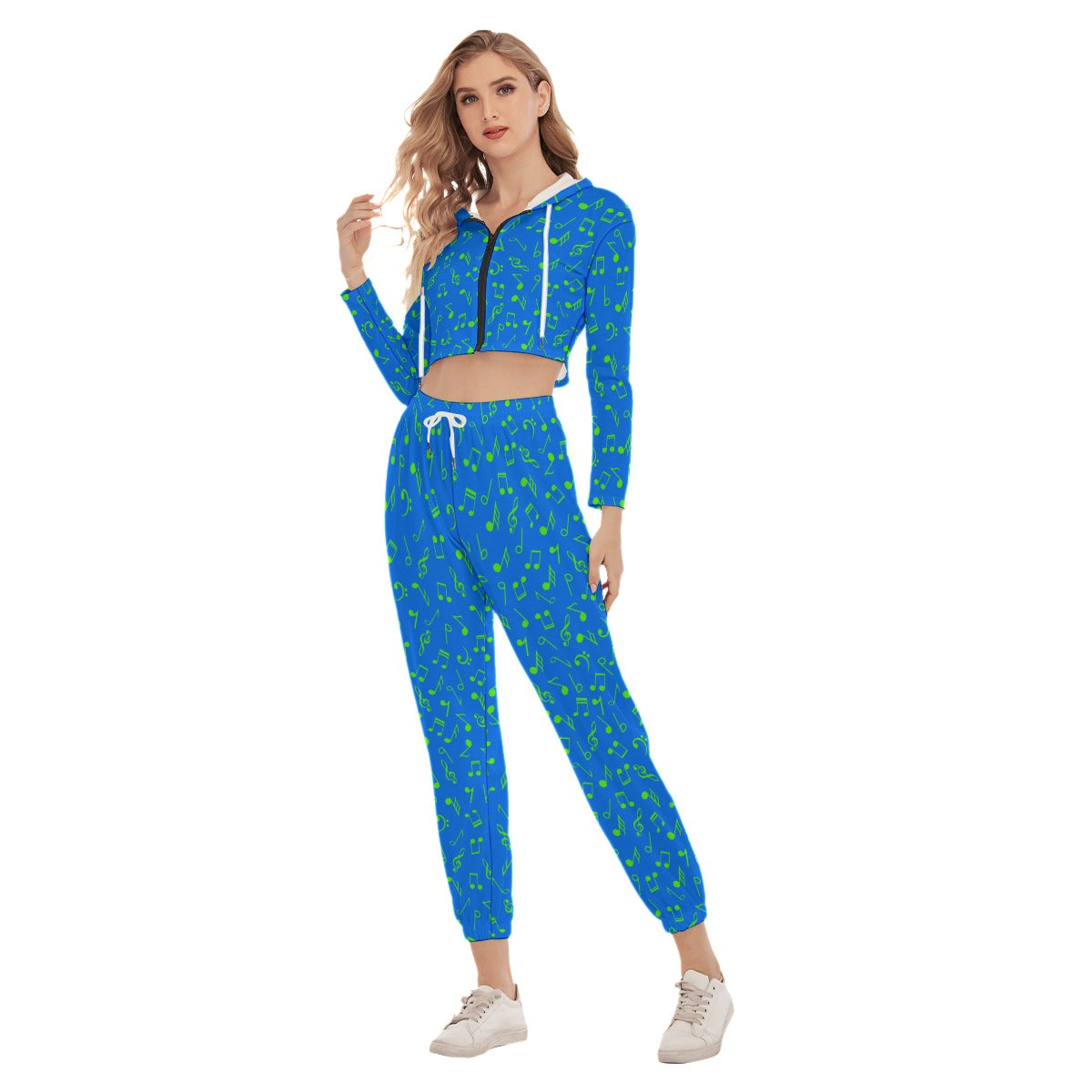 Blue & Green Music Notes Women's Crop Hoodie Sports Sets