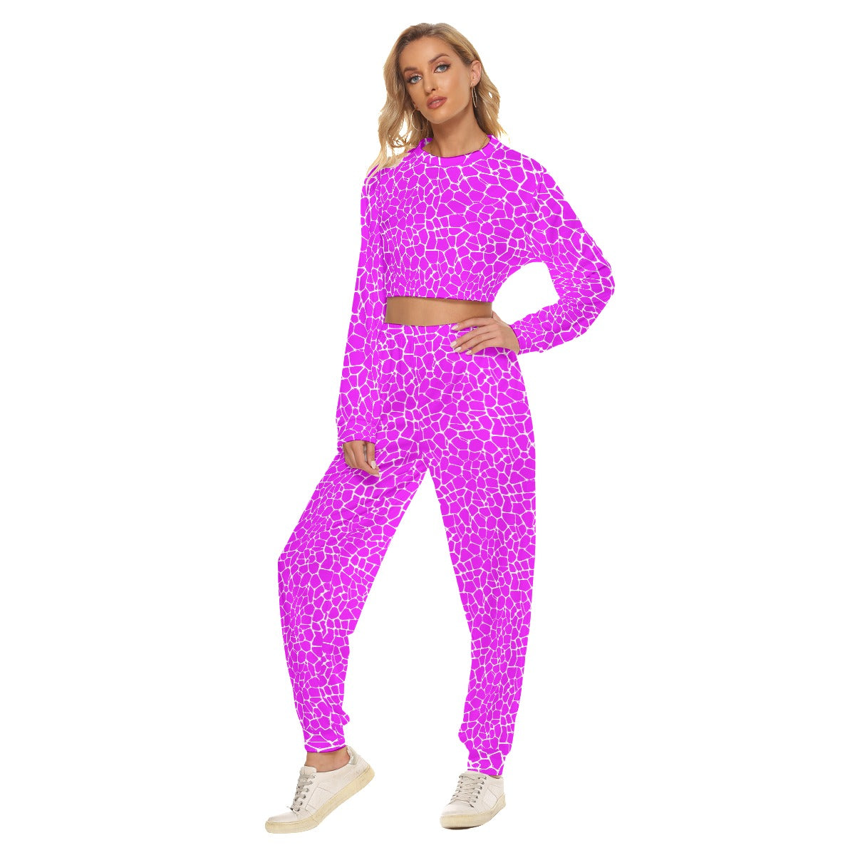 Purple & White Women's Crop Sweatshirt Suit