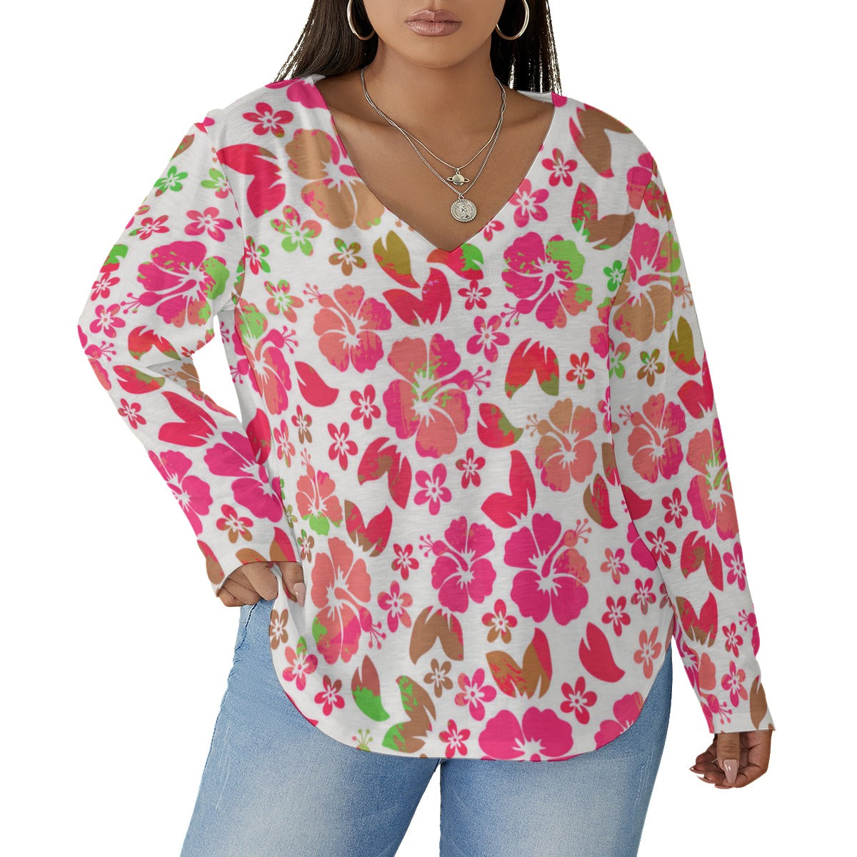 Women's Tropical Hawaiian Hibiscus Flowers V-neck T-shirt With Curved Hem(Plus Size)