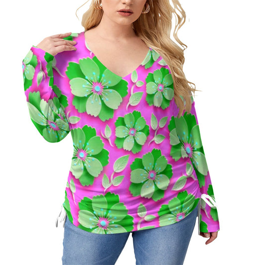 Pink With Green Cherry Blossoms Women’s V-neck T-shirt With Side Drawstring(Plus Size)