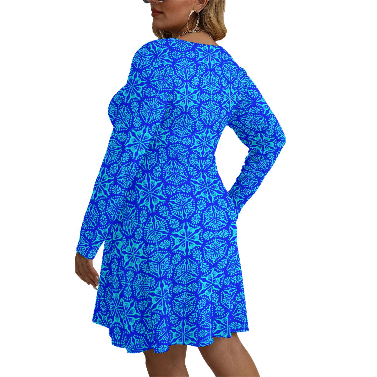 Royalty Made Blue & Teal Women's V-neck Long Sleeve Dress (Plus Size)