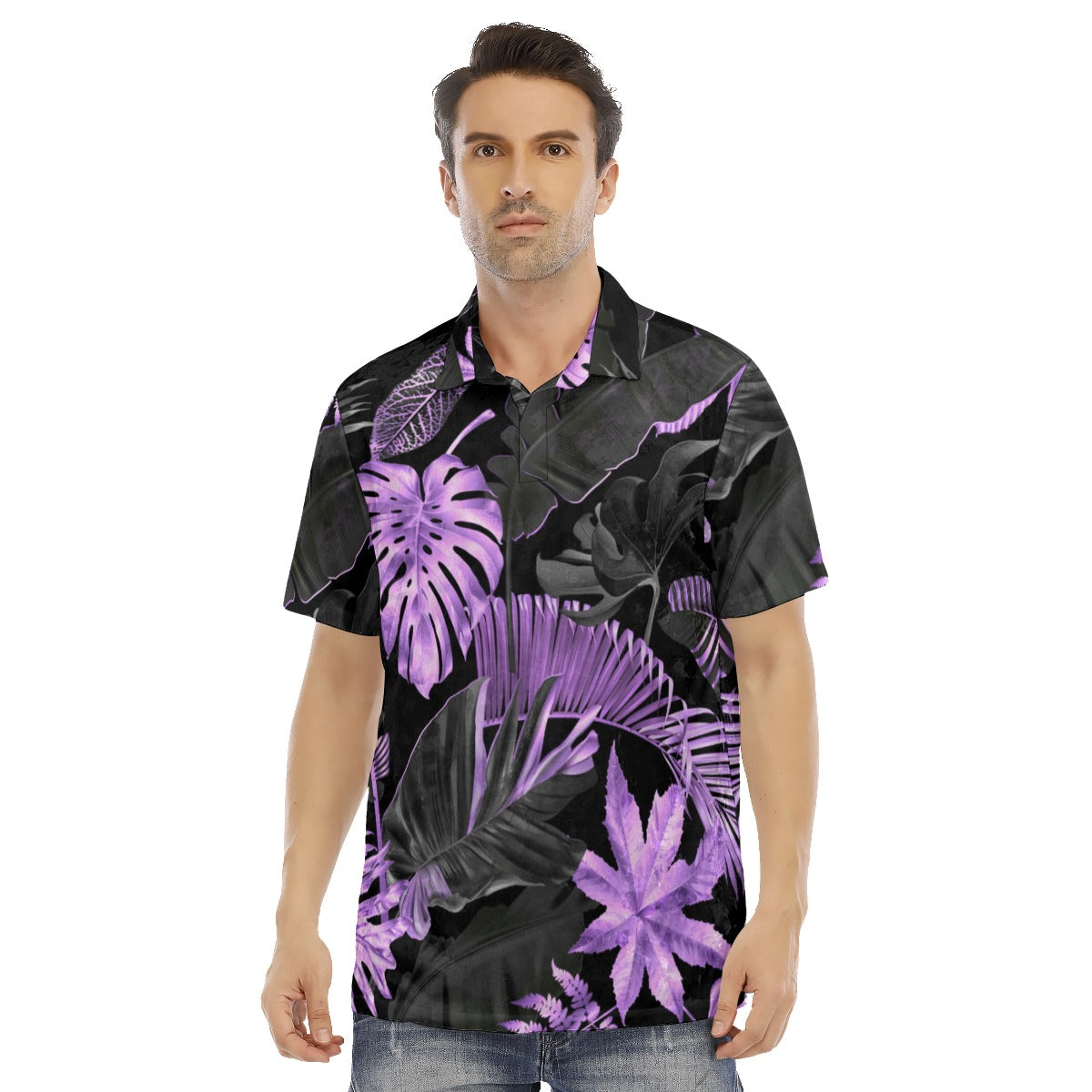 Purple & Black Tropical Leaves Men's Polo Shirt | Velvet