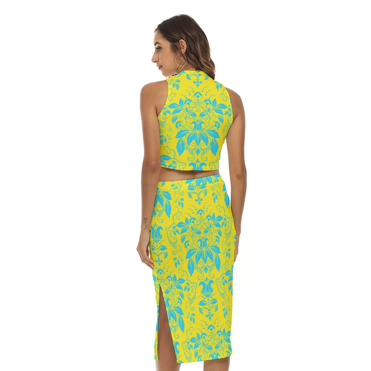 Blue With Yellow Vintage Flowers Women's Tank Top & Split High Skirt Set