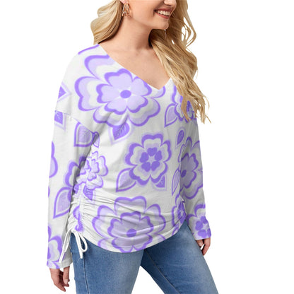 Purple Sakura Flowers & Leaves Women’s V-neck T-shirt With Side Drawstring(Plus Size)