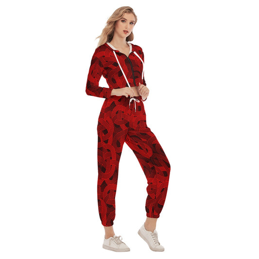 Trippy Red & Black Noodles Women's Crop Hoodie Sports Sets