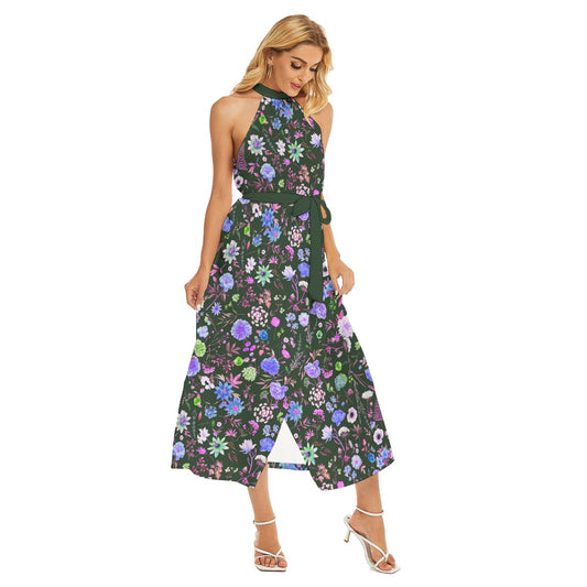 Beautiful Flowers Women's Wrap Hem Belted Halter Dress