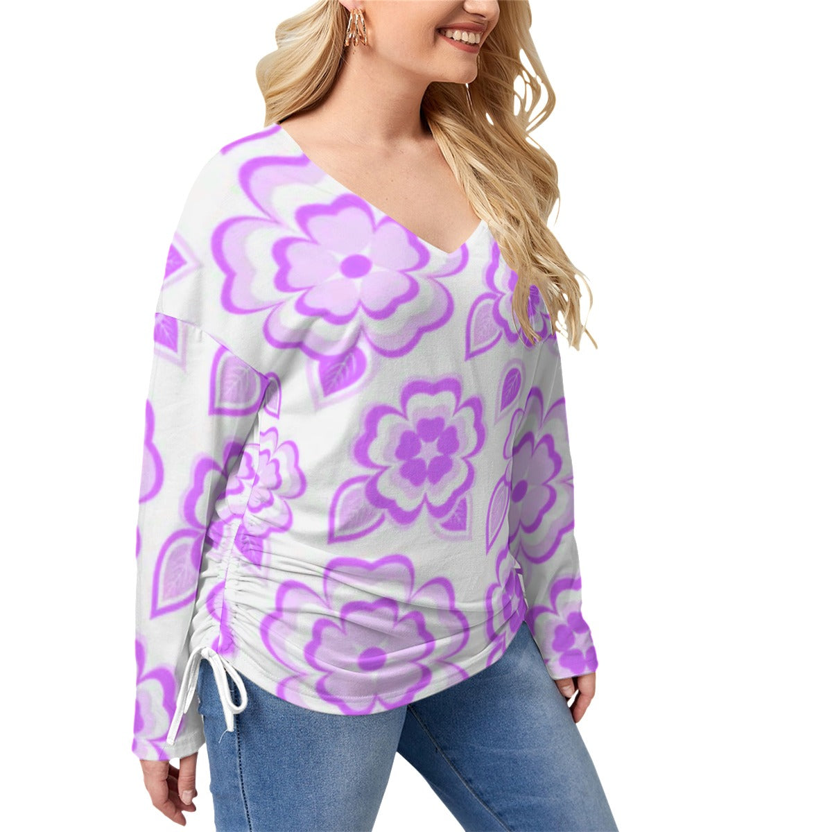 Light Purple Sakura Flowers & Leaves Women’s V-neck T-shirt With Side Drawstring(Plus Size)