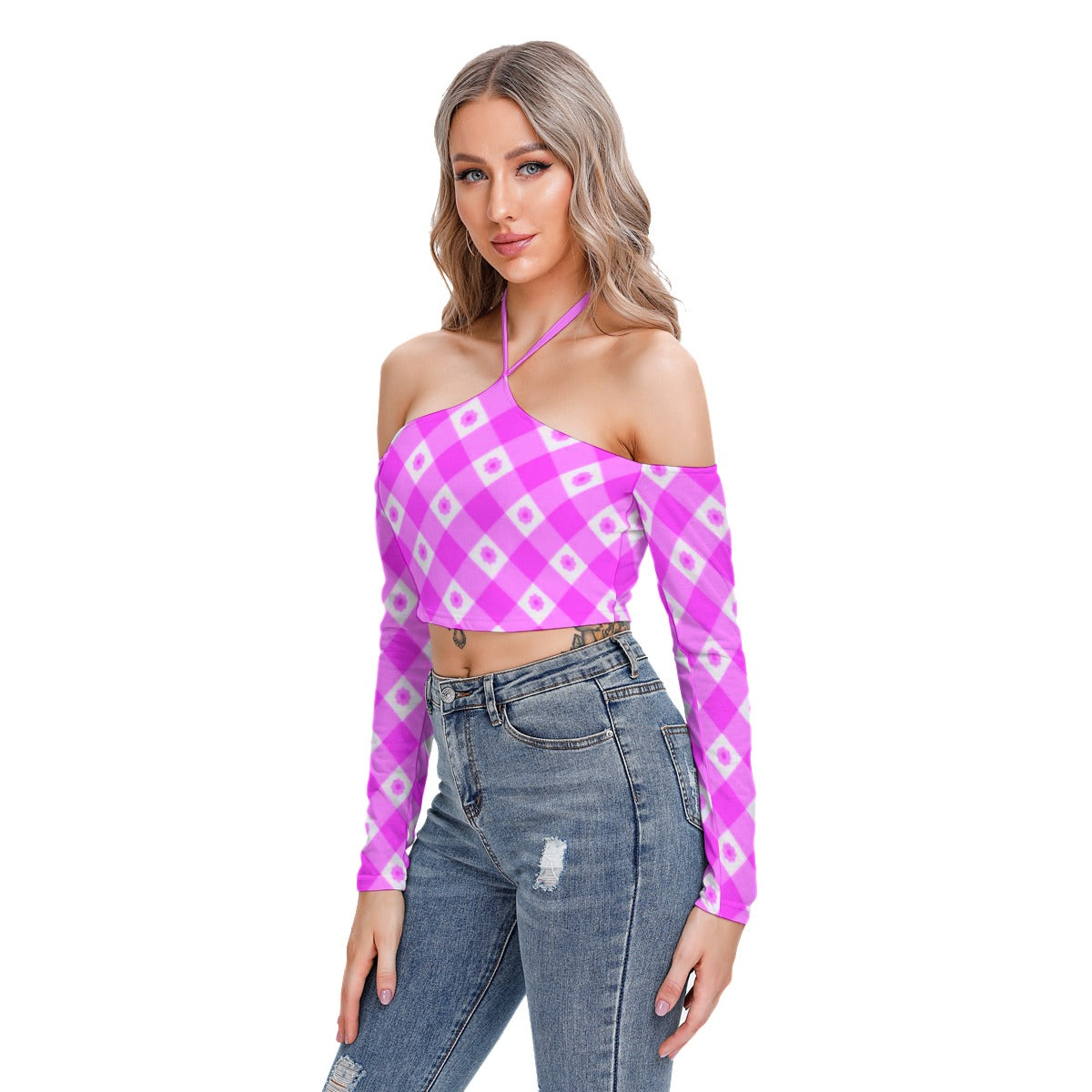 Pink With White Flowers Women's Plaid Halter Lace-up Top