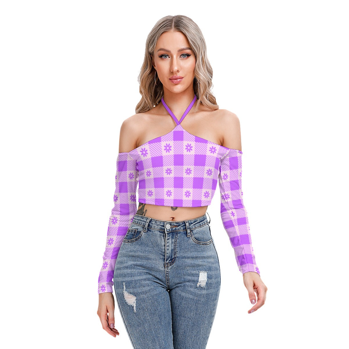 White With Purple Flowers Women's Plaid Halter Lace-up Top