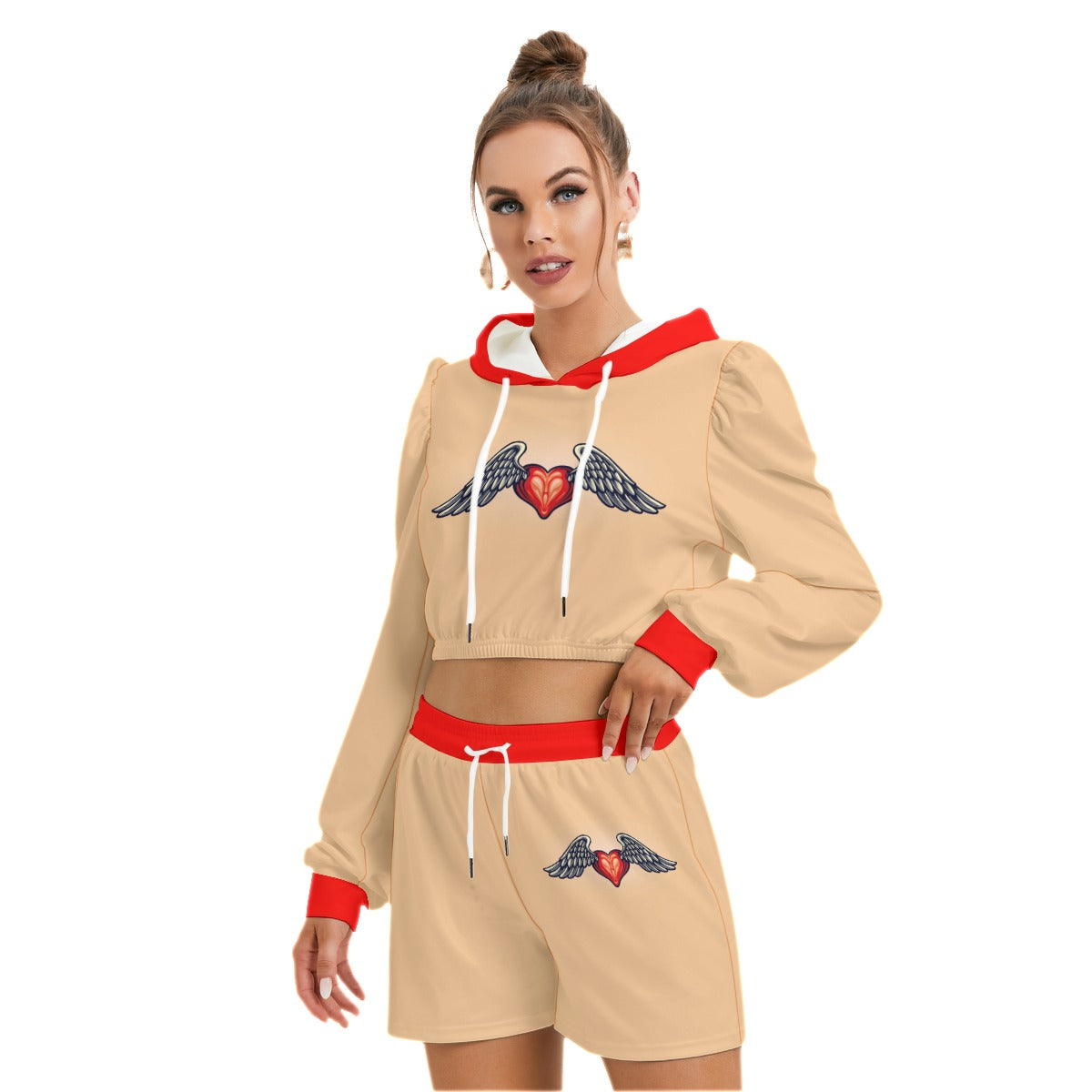 Cute Heart Love With Wings Women's Mirco Fleece Hoodie And Shorts Set