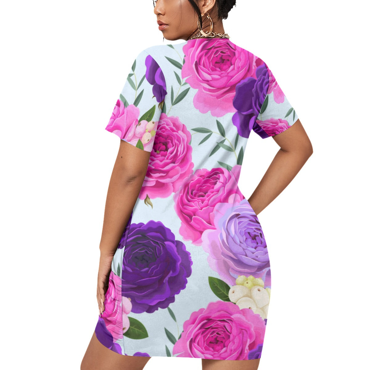 Cute Roses Women’s Stacked Hem Dress With Short Sleeve （Plus Size）