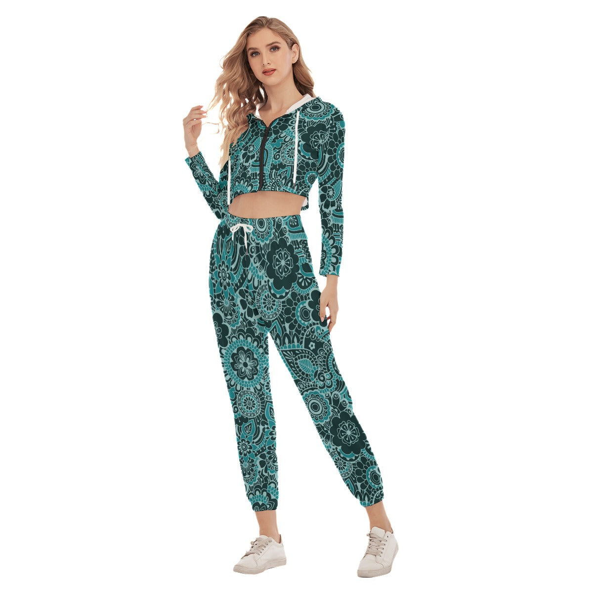 Cute Teal Flower Women's Crop Hoodie Sports Sets