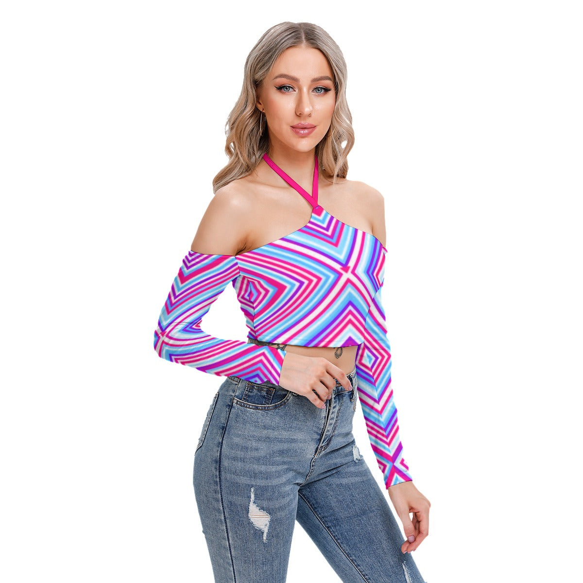 Bold Bright Geometric Neon Colors Women's Halter Lace-up Top