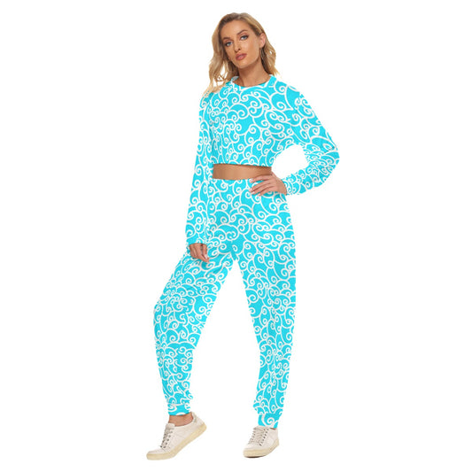 Light Blue & White Curls Women's Crop Sweatshirt Suit