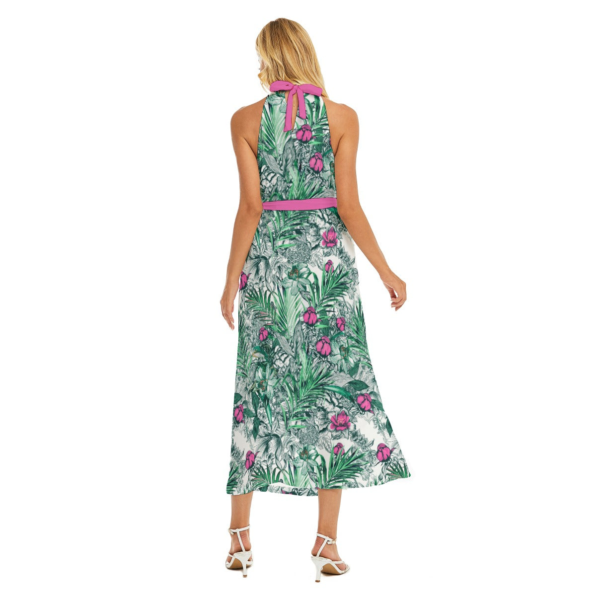 Elegant Peony Flowers Women's Wrap Hem Belted Halter Dress