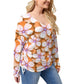 Orange With White Cherry Blossoms Women’s V-neck T-shirt With Side Drawstring(Plus Size)