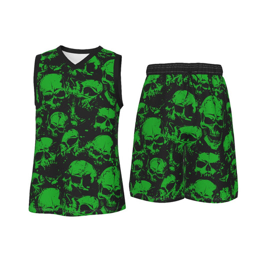 Green Grunge Skulls Men's V Neck Basketball Suit