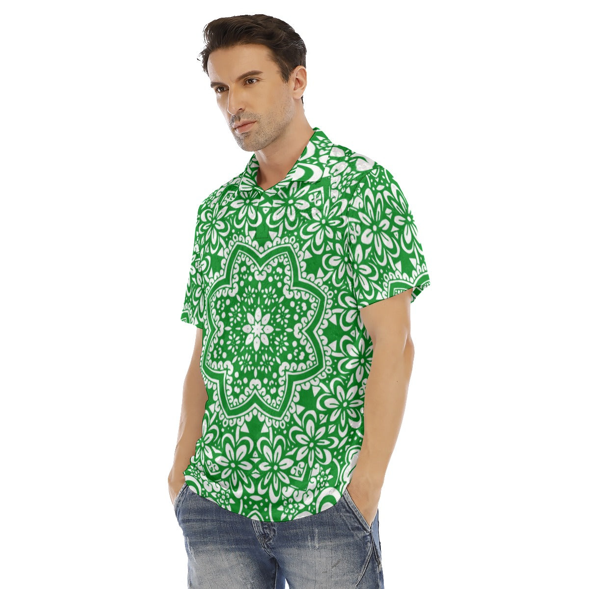 Green Ethnic Flowers Men's Polo Shirt | Velvet