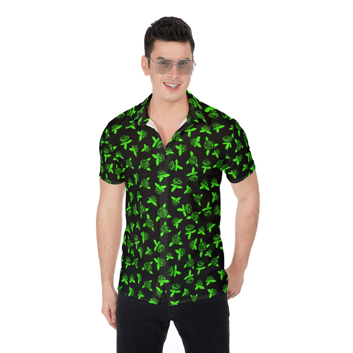 Black & Green Roses Men's Button Up