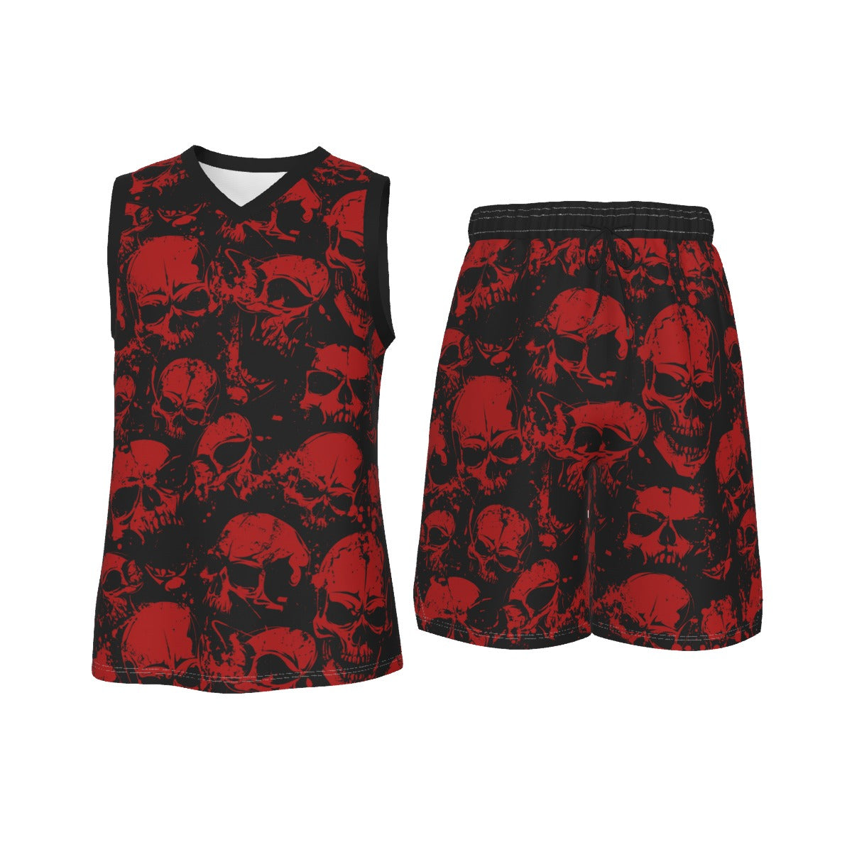 Red Grunge Skulls Men's V Neck Basketball Suit