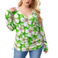 Green With White Cherry Blossoms Women’s V-neck T-shirt With Side Drawstring(Plus Size)