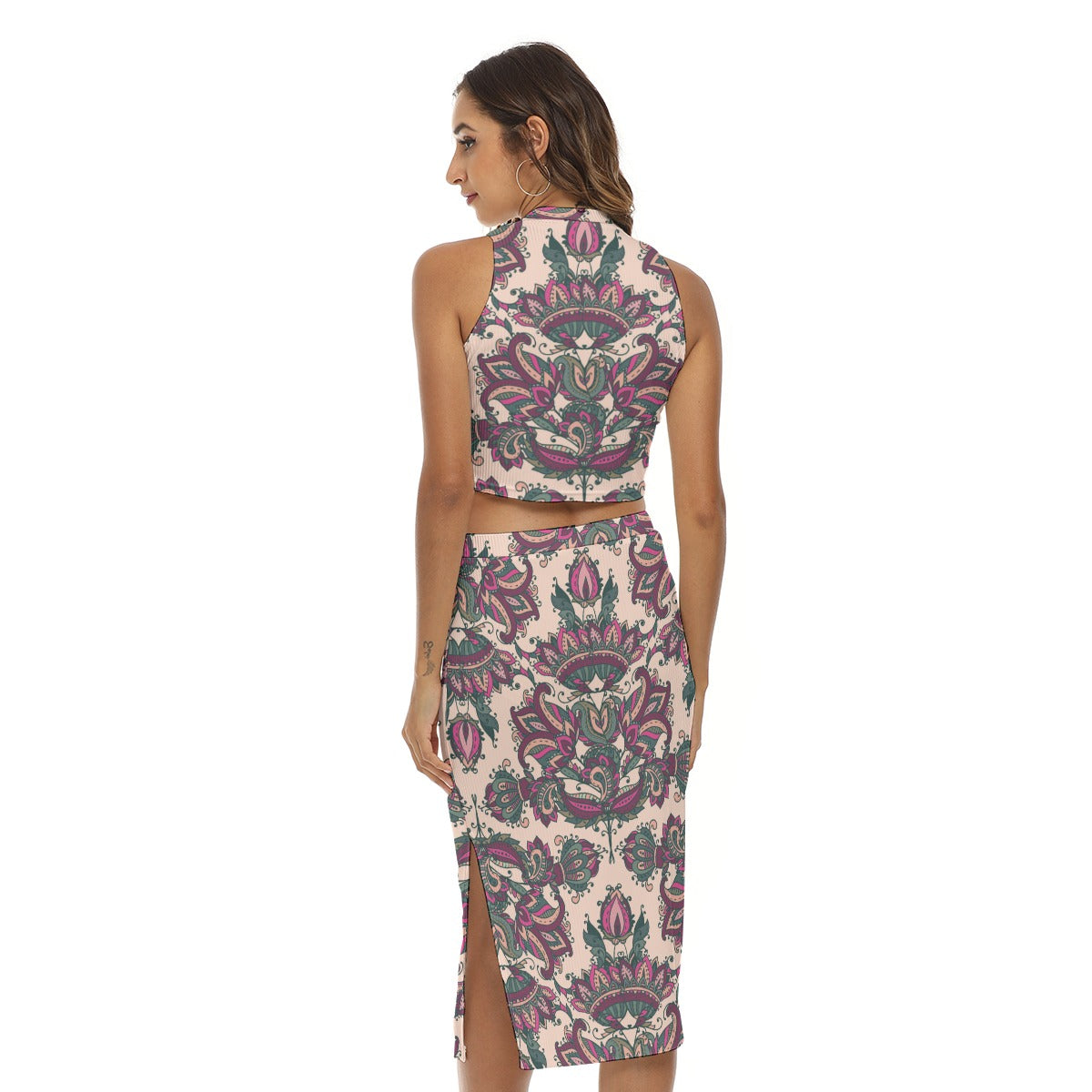 Royal Flowers Women's Tank Top & Split High Skirt Set