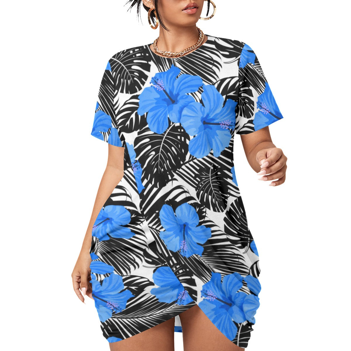 Tropic Flowers Women’s Stacked Hem Dress With Short Sleeve（Plus Size）