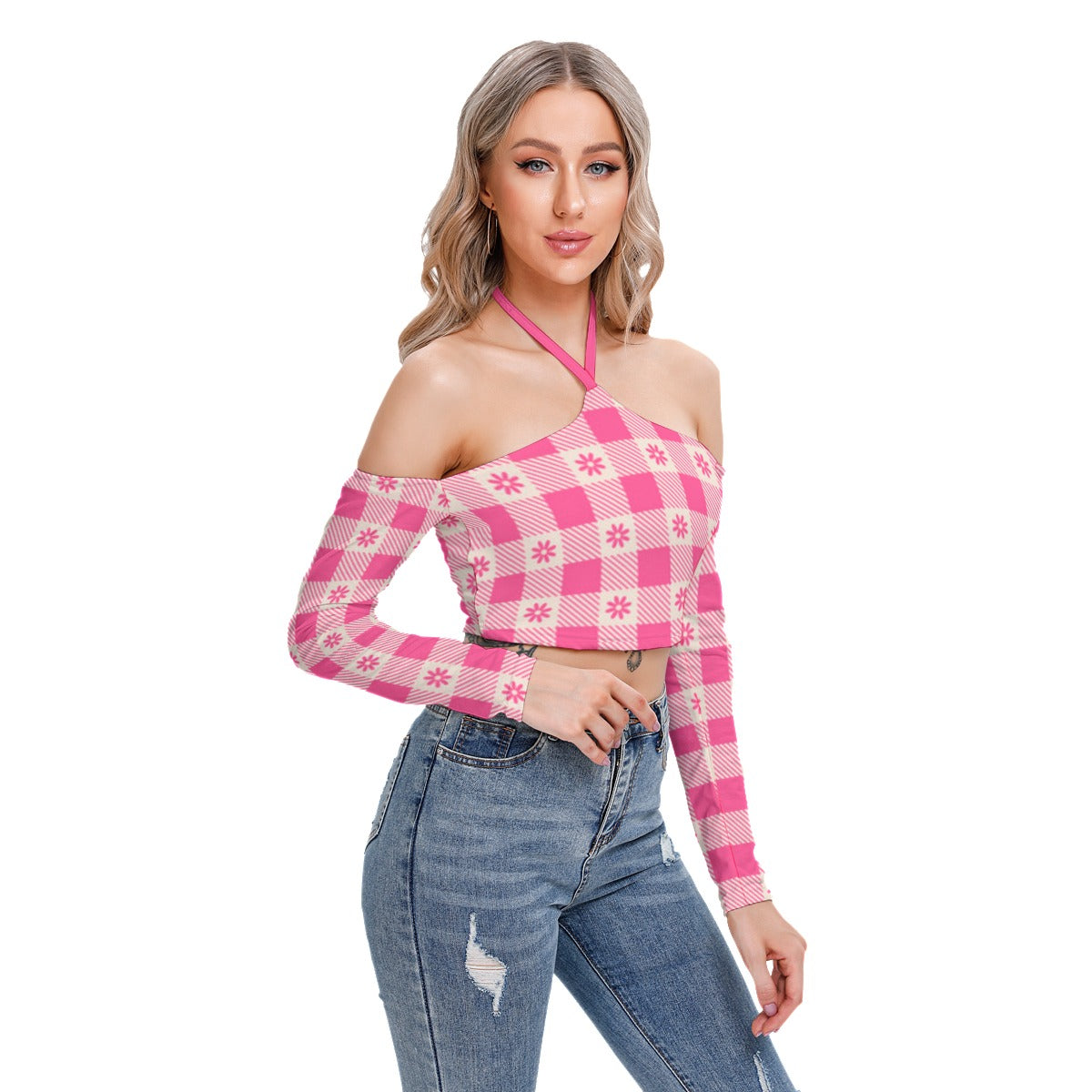 White With Pink Flowers Women's Plaid Halter Lace-up Top