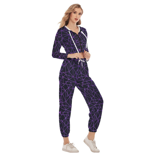 Purple & Black Triangle Women's Crop Hoodie Sports Sets