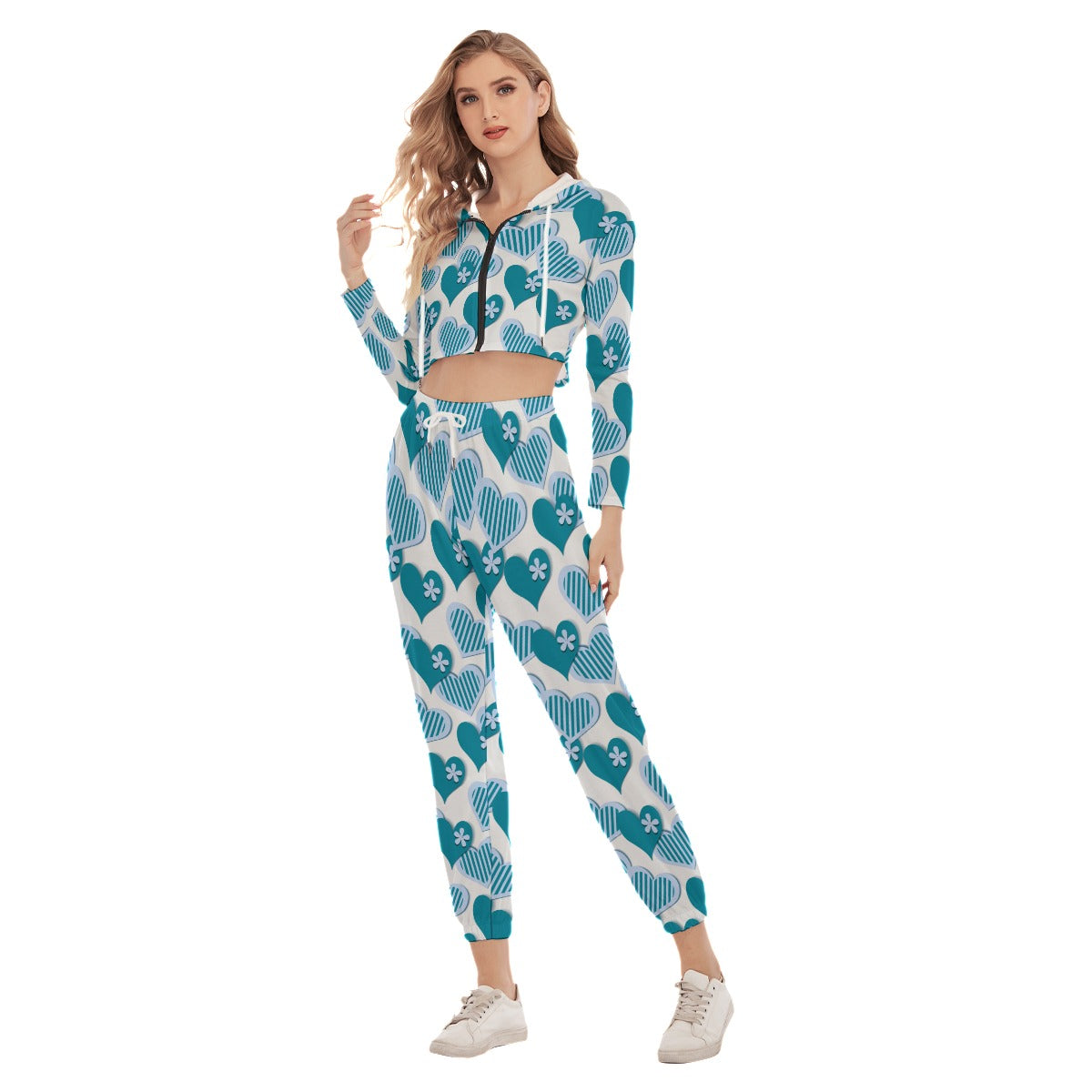 Cute Teal Hearts Women's Crop Hoodie Sports Sets