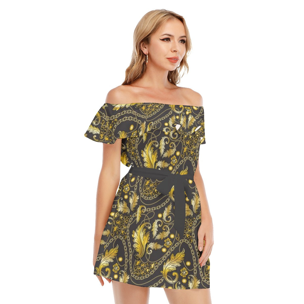 Golden Chains Off-shoulder Dress With Ruffle