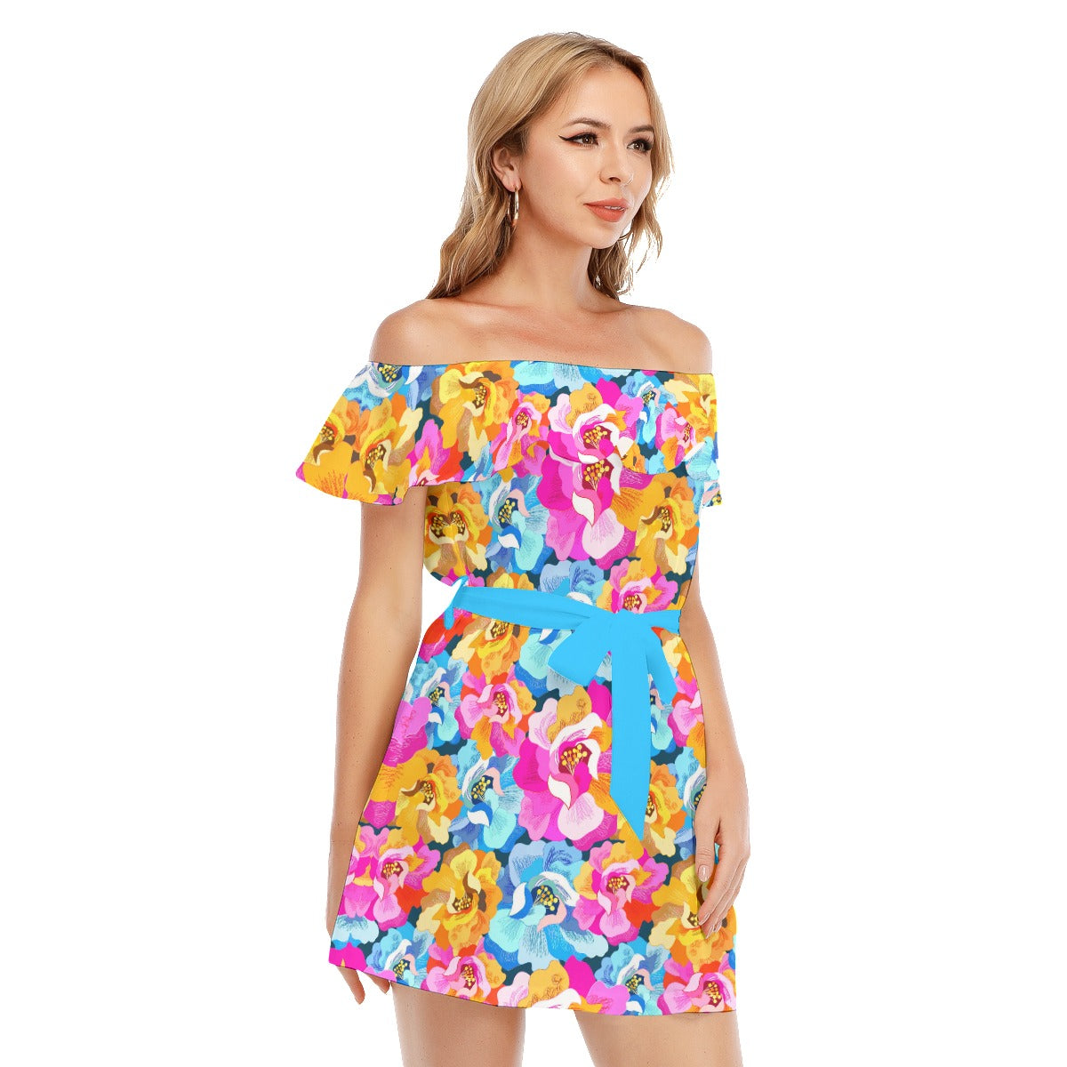 Summer Time Flowers Women's Off-shoulder Dress With Ruffle