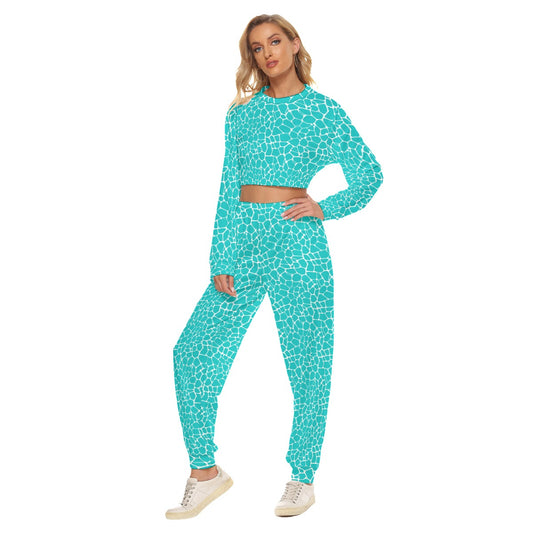 Teal & White Women's Crop Sweatshirt Suit