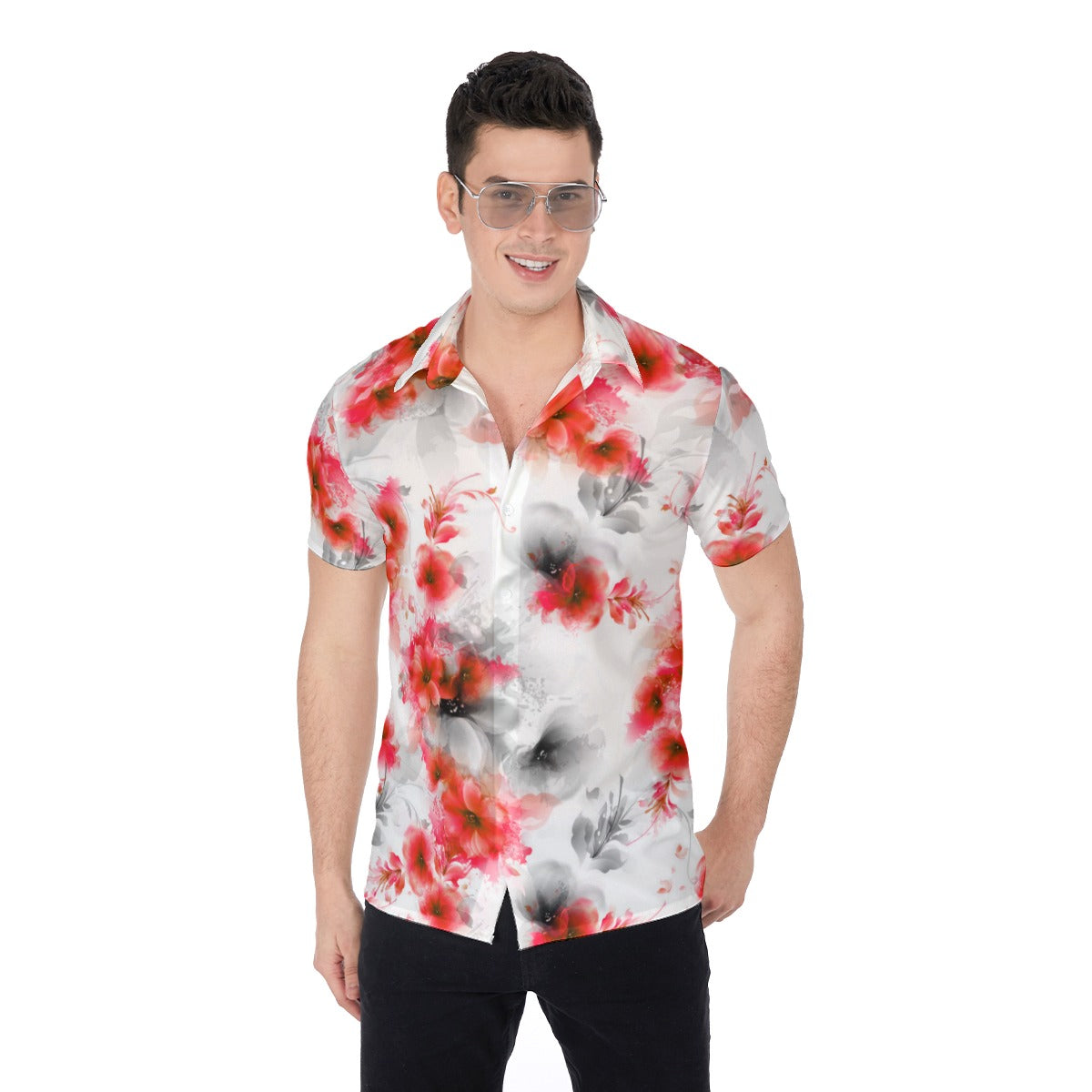 Red Abstract Flowers Men's Button Up