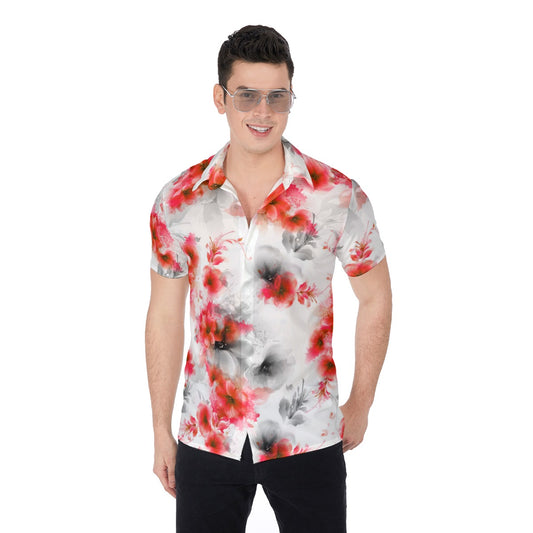 Red Abstract Flowers Men's Button Up