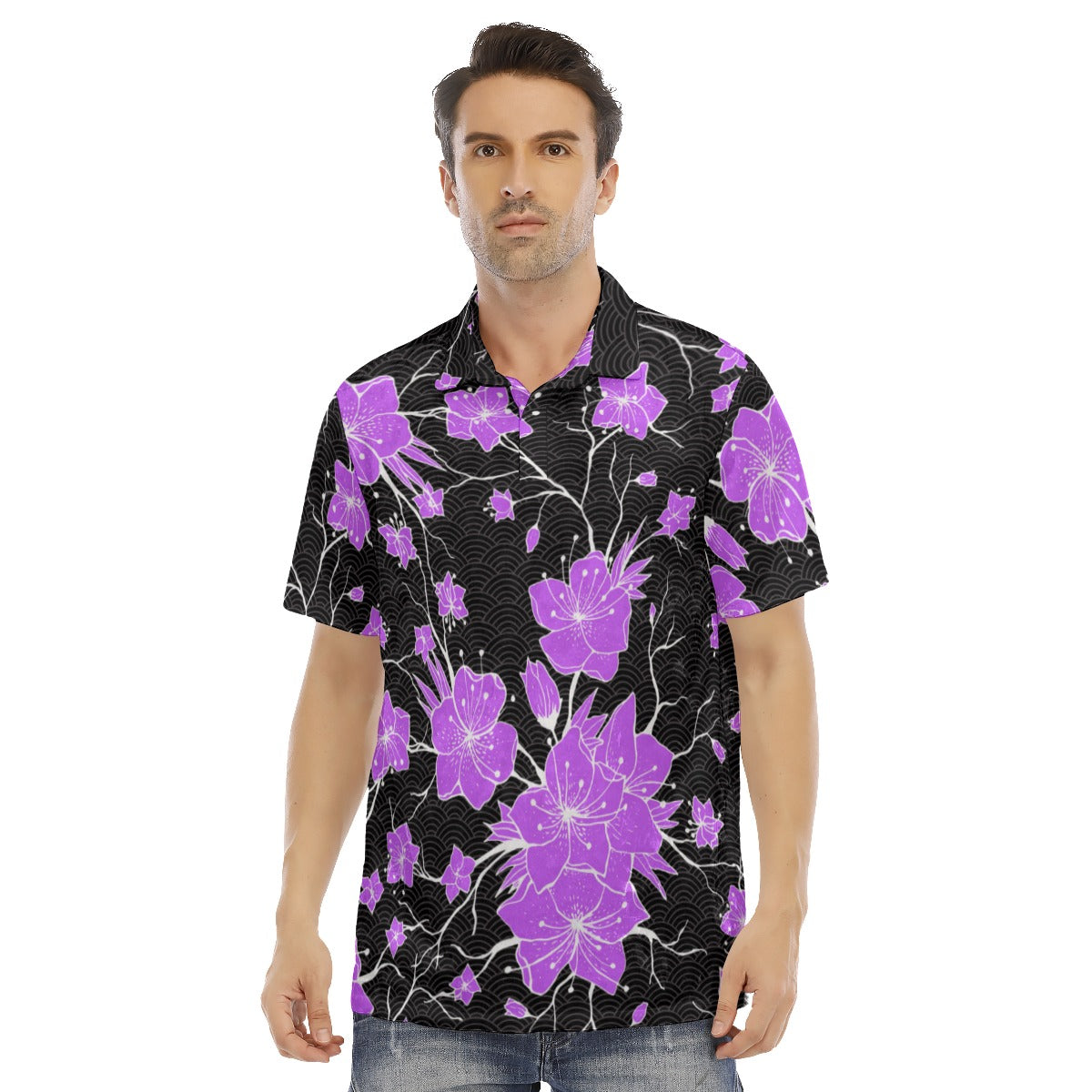 Japanese Style Flowers Men's Polo Shirt | Velvet