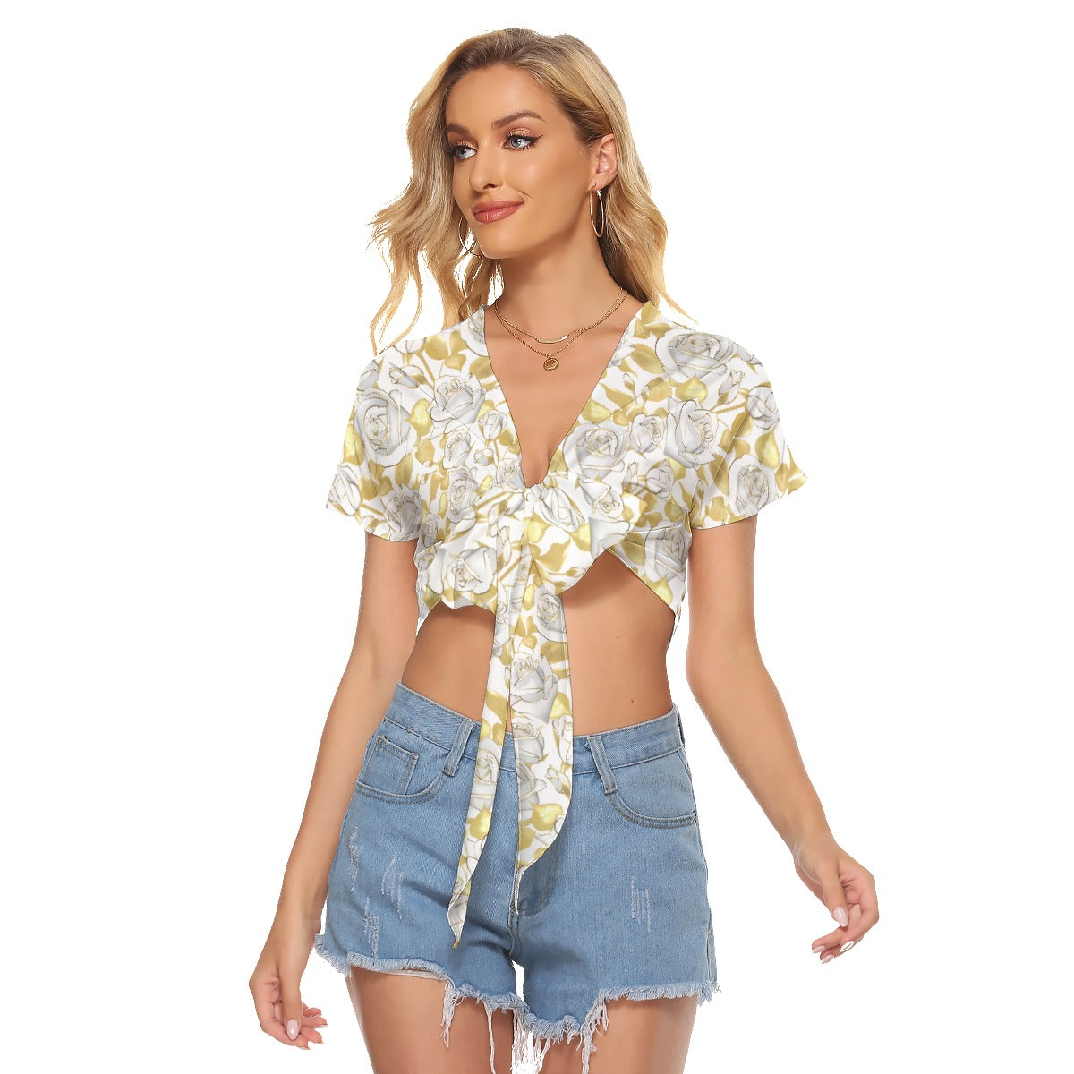 White Roses With Gold Leaves Women's Bandage Crop Top