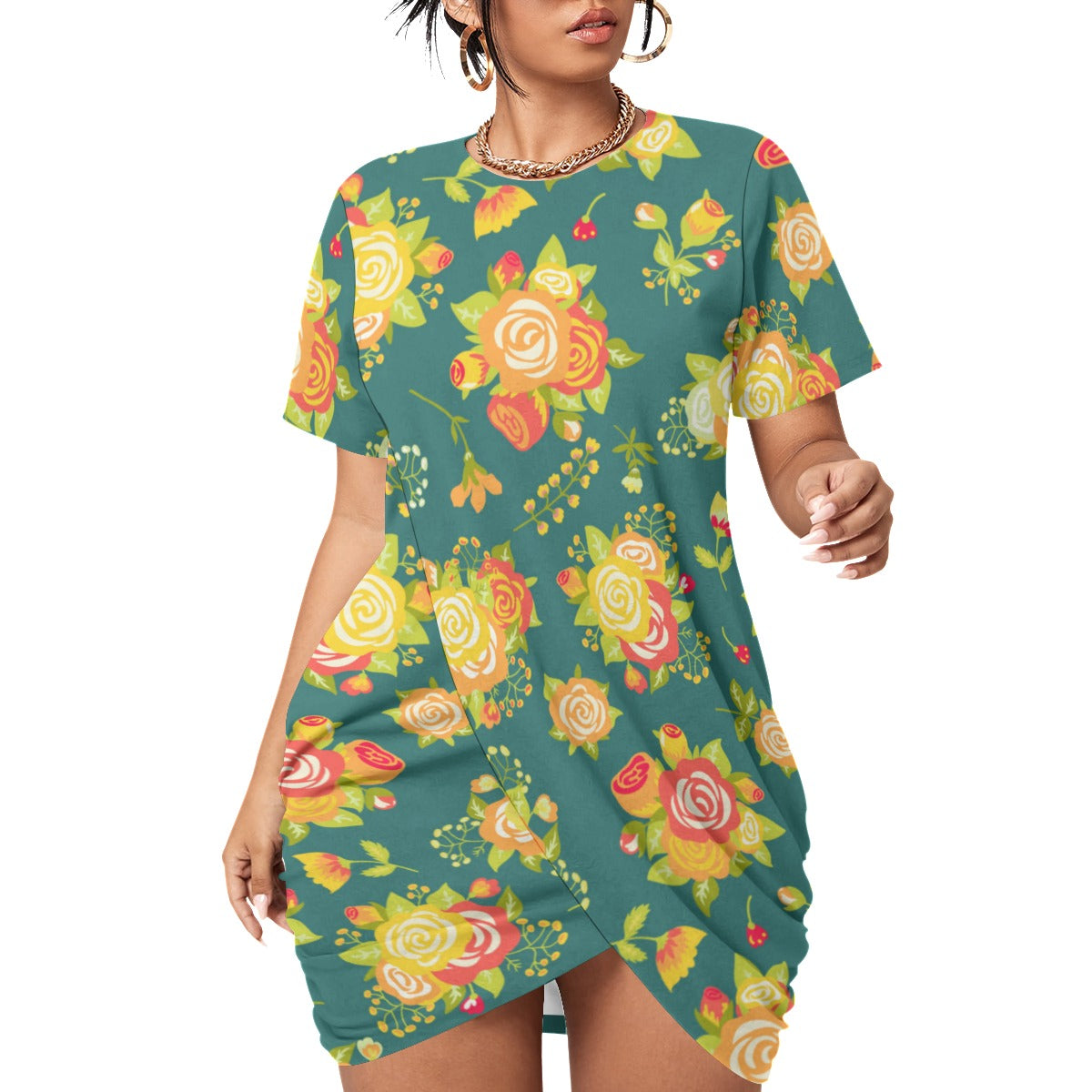 Cute Roses Women’s Stacked Hem Dress With Short Sleeve （Plus Size）