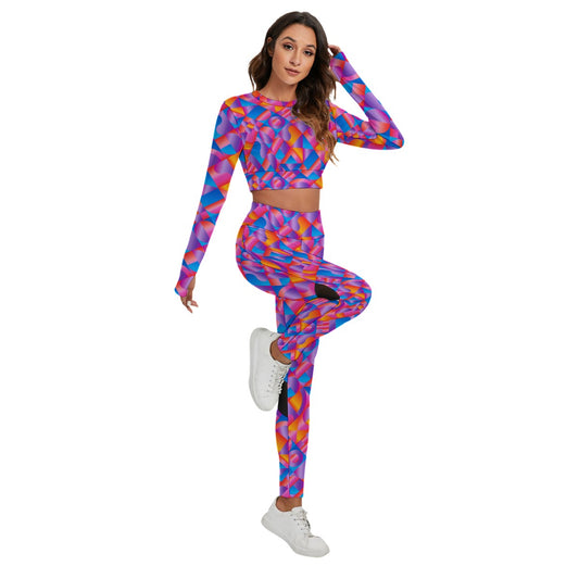 Geometric Colorful Women's Sport Set With Backless Top And Leggings