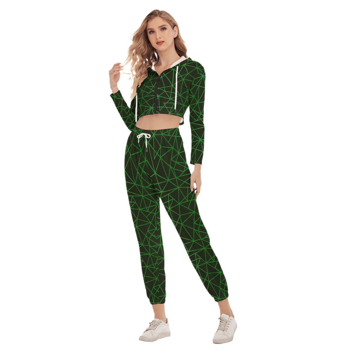 Green & Black Triangle Women's Crop Hoodie Sports Sets