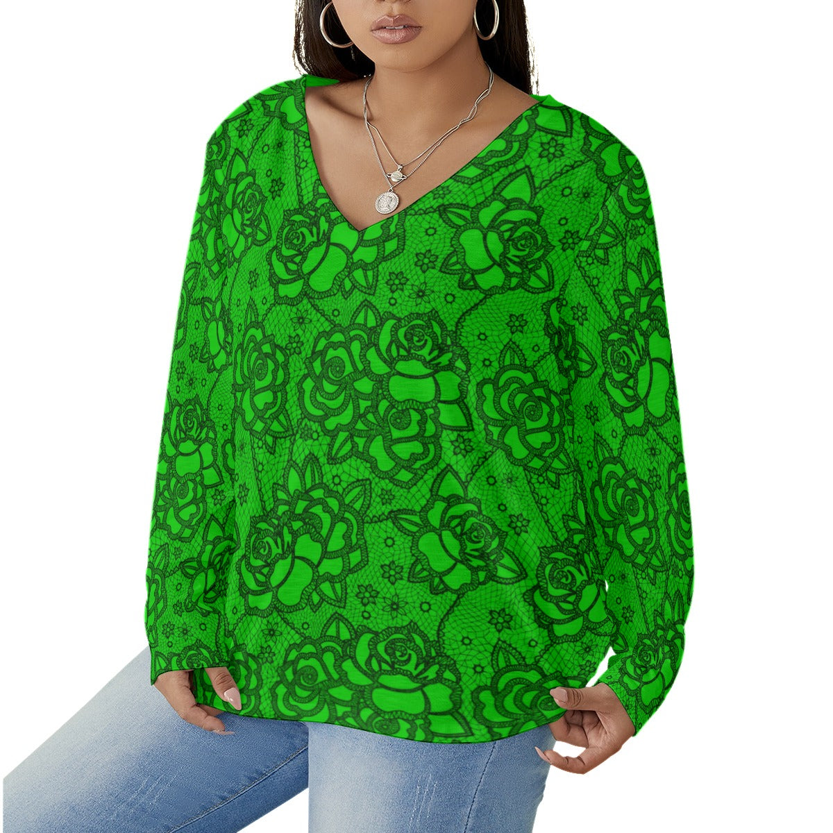 Women's Green Lace Style Roses V-neck T-shirt With Curved Hem(Plus Size)