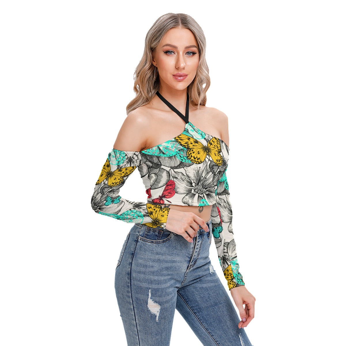 Blooming Roses & Colorful Butterflies Women's Halter Lace-up Top