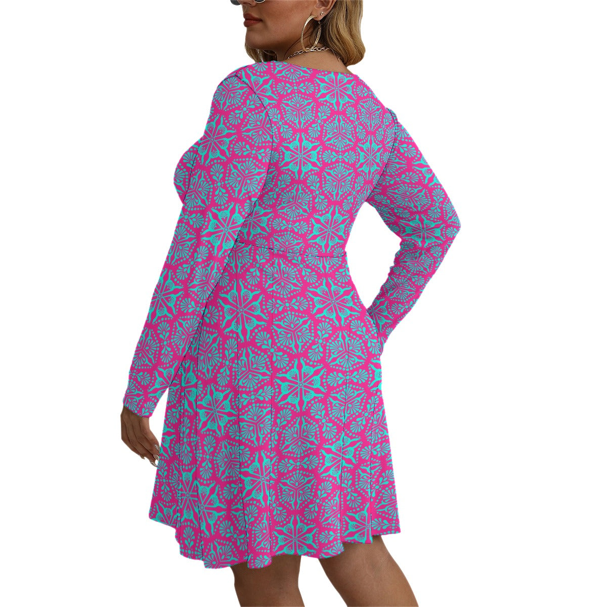 Royalty Made Pink & Teal Women's V-neck Long Sleeve Dress (Plus Size)