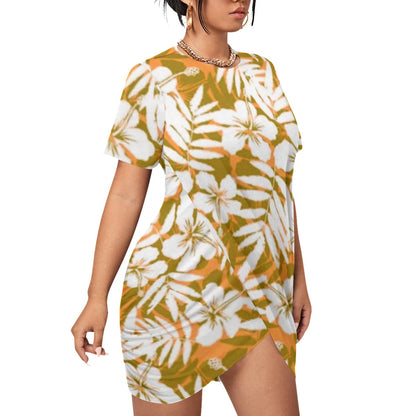 Orange Tropical Flowers Women’s Stacked Hem Dress With Short Sleeve （Plus Size）